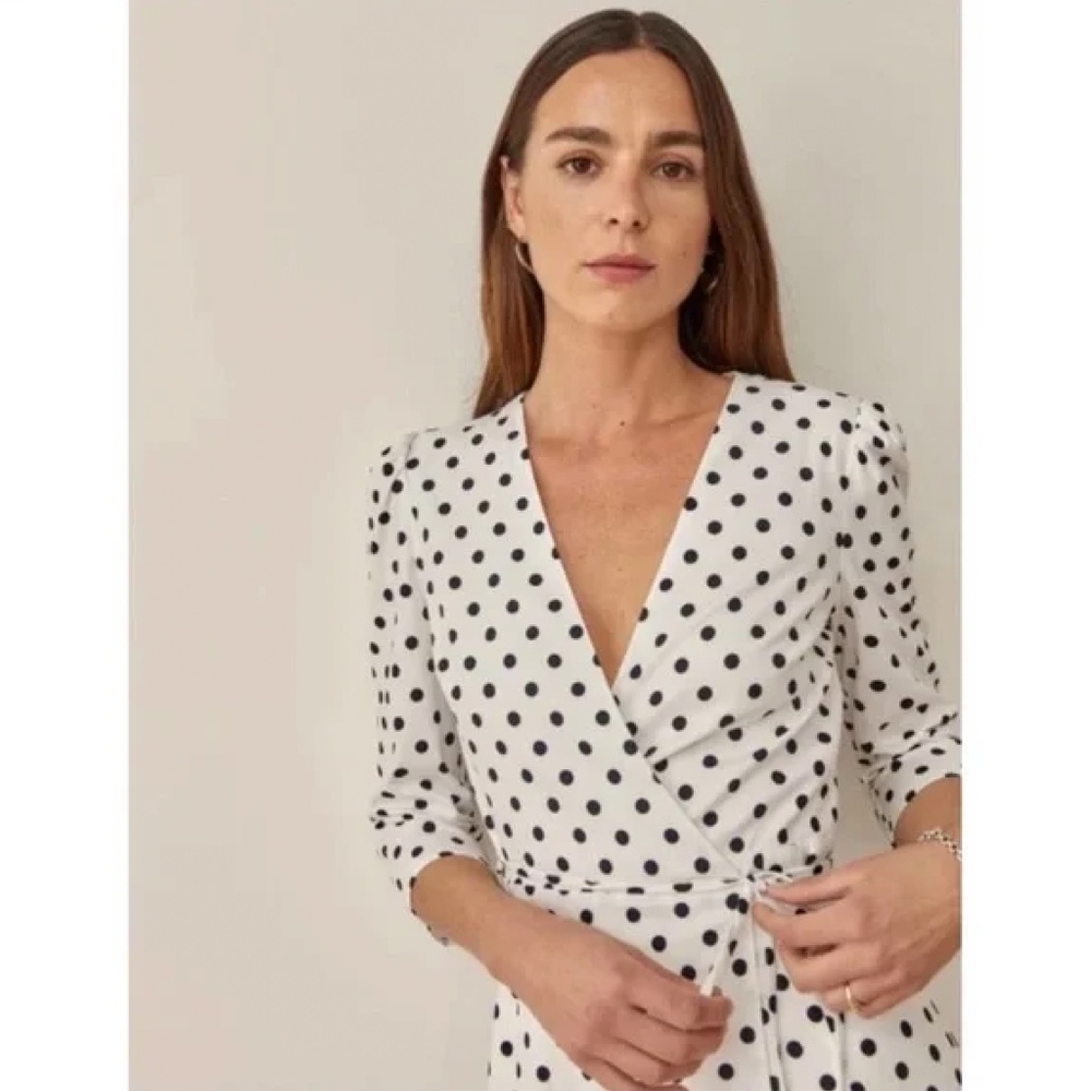 NEW Reformation Hilltop Midi Wrap Dress w/ Sleeves Polka Dot Malta Size S - Picture 5 of 14